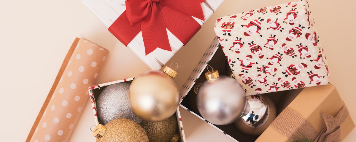 Christmas ornaments and gift wrapping supplies