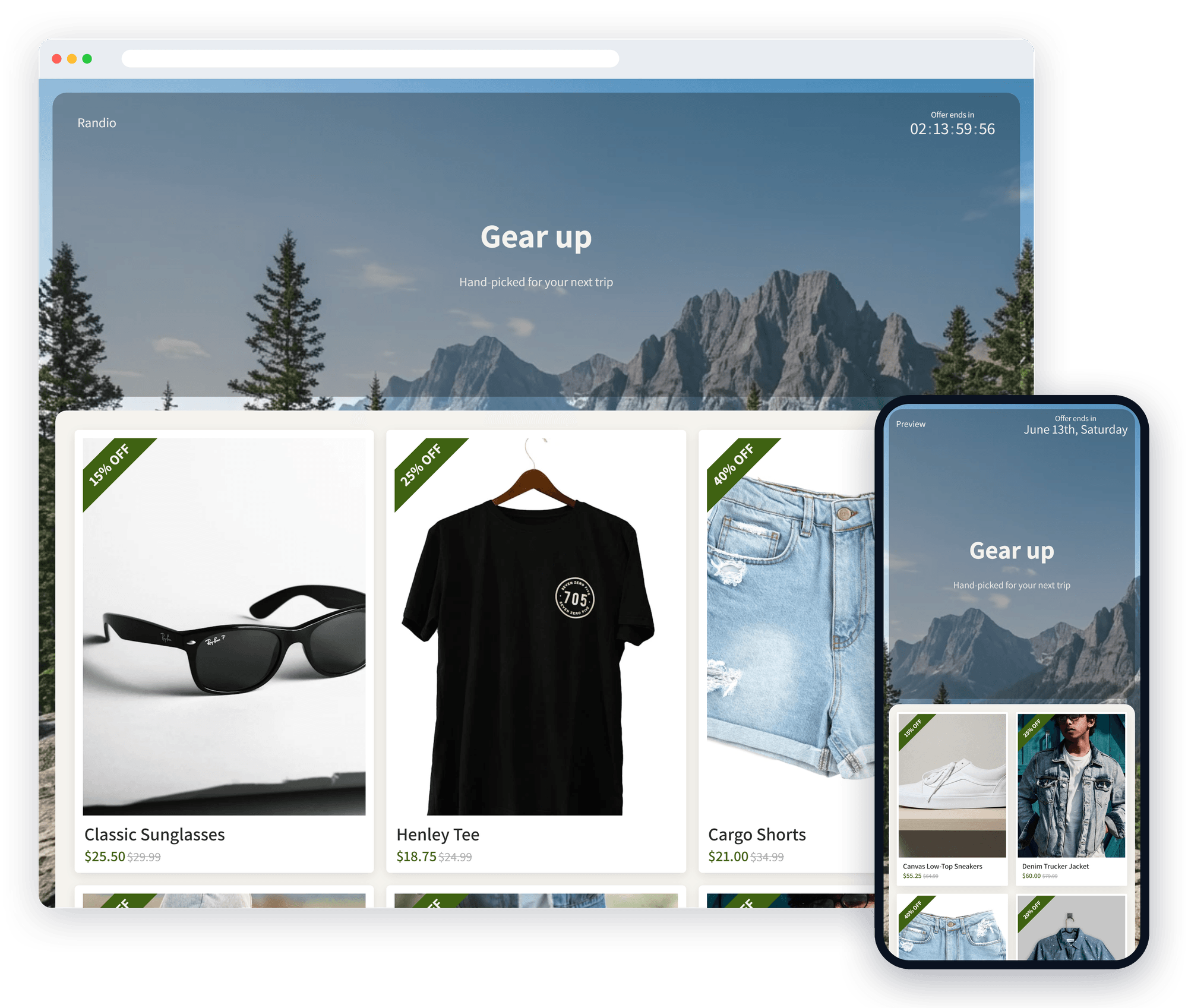 A Randio discount offer shown on desktop and mobile — each customer sees a unique set of discounted products.